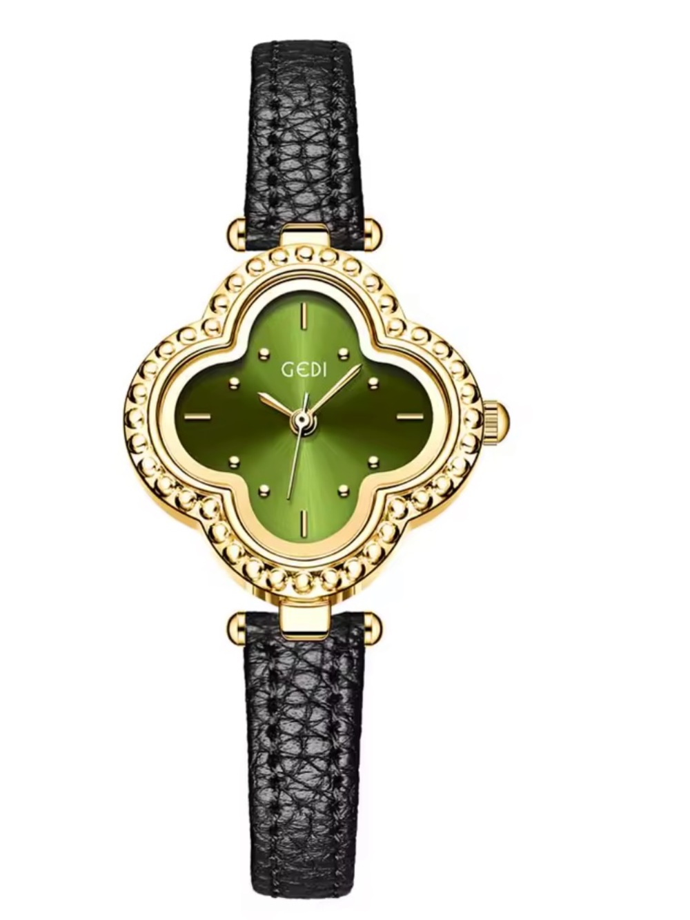 GEDI Women's Gold Clover Watch with Green Dial and Black Leather Strap